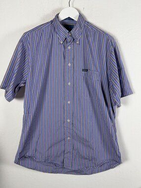 Faconnable Mens Striped Button-Down Shirt Large Cotton Blue Short Sleeve USA